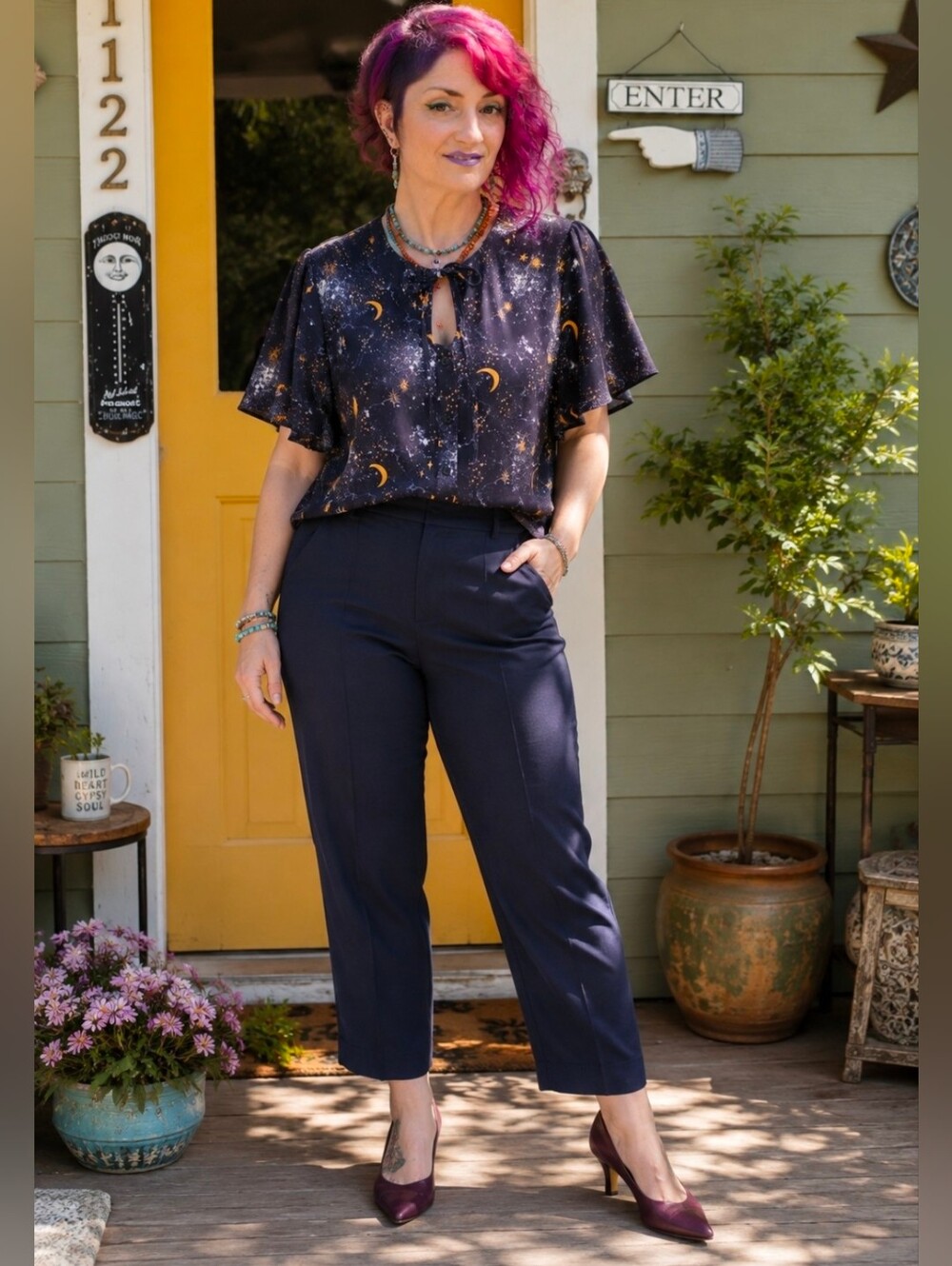 Unique Vintage Celestial Moon Star Galaxy Flutter Sleeve Blouse Keyhole Size L